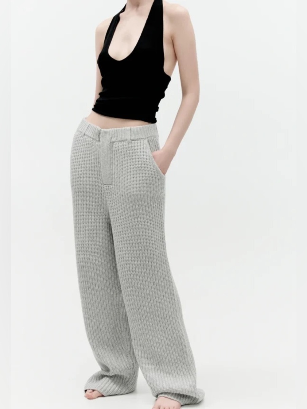 Aya Muse Gray Ribbed Knit Pants - Wide Leg Comfort